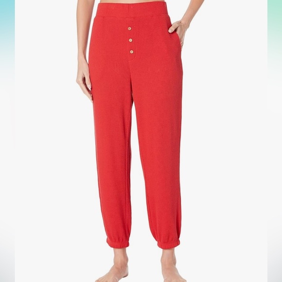 Eberjey Cozy Waffle Henley Short Sleeve Long PJ Set Red Medium Pajamas - Picture 4 of 11